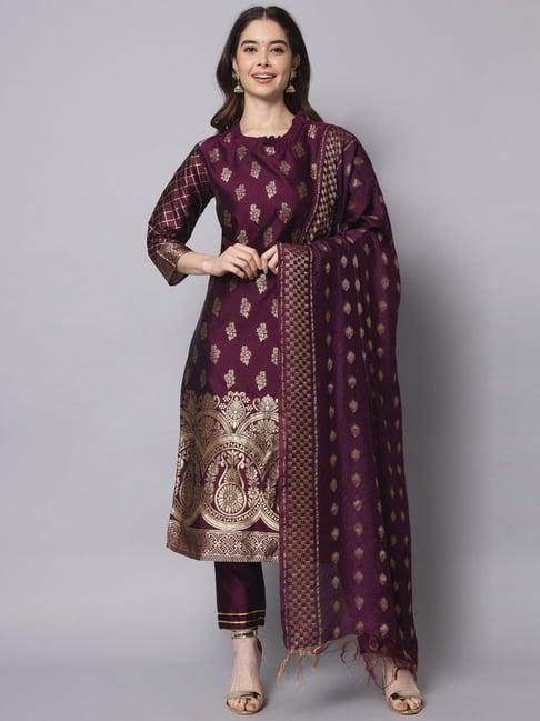 vredevogel purple woven pattern kurta pant set with dupatta