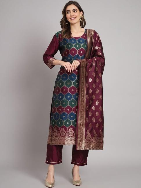 vredevogel purple woven pattern kurta pant set with dupatta