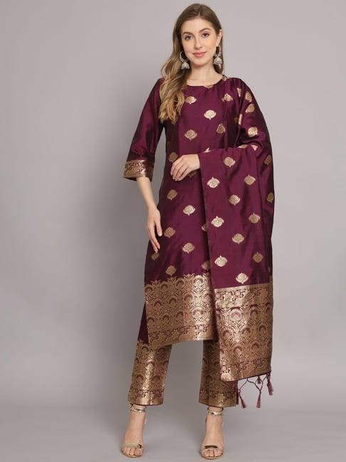 vredevogel purple woven pattern kurta pant set with dupatta