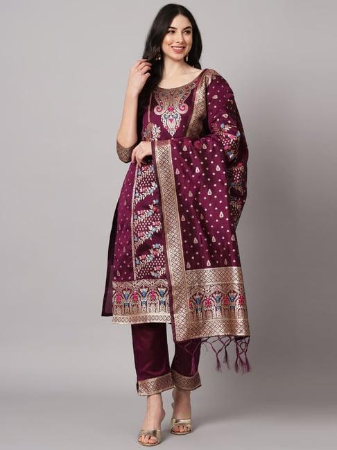 vredevogel purple woven pattern kurta pant set with dupatta