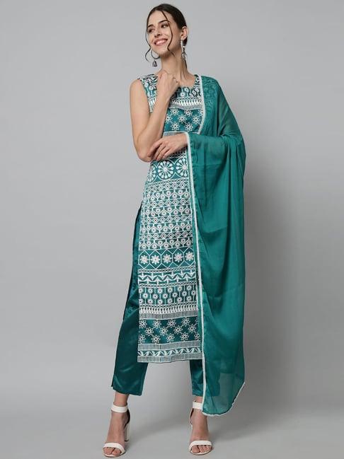 vredevogel rama green embroidered kurta pant set with dupatta