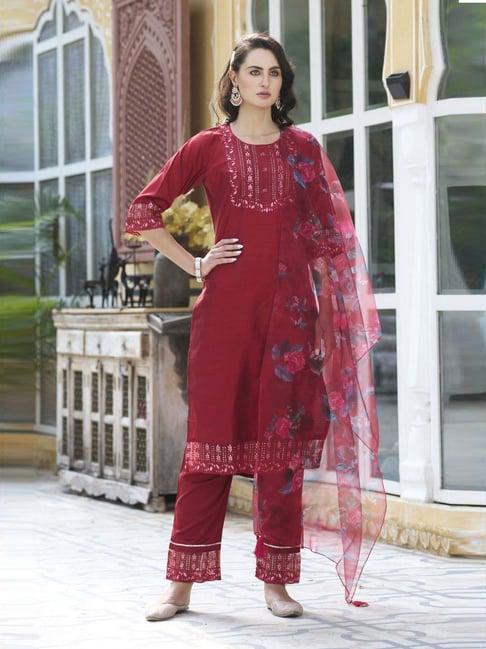 vredevogel red embroidered kurta & pant set with dupatta