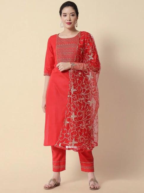 vredevogel red embroidered kurta pant set with dupatta