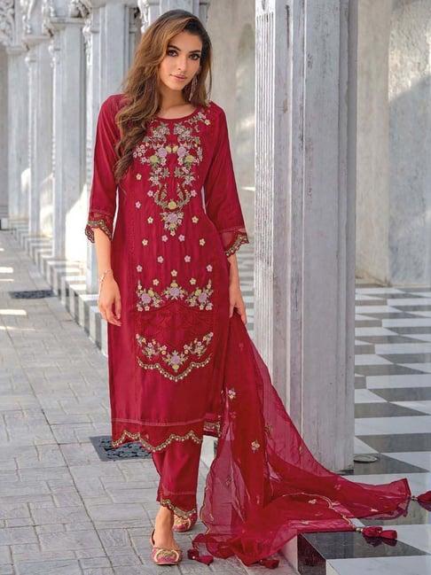 vredevogel red embroidered kurta pant set with dupatta