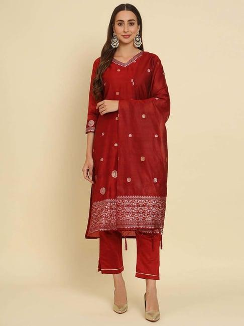 vredevogel red woven pattern kurta pant set with dupatta