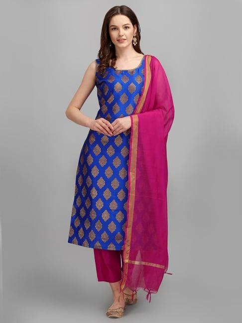vredevogel royal blue & pink woven pattern kurta pant set with dupatta