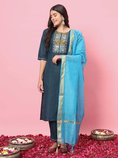 vredevogel teal blue embroidered kurta & pant set with dupatta