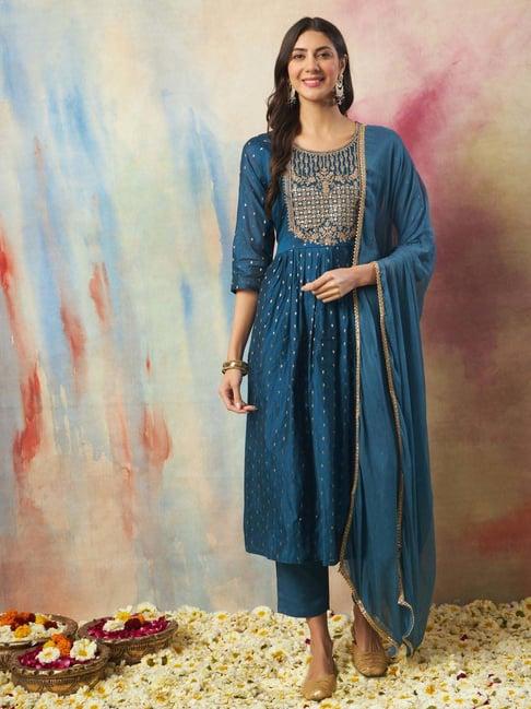 vredevogel teal blue embroidered kurta & pant set with dupatta