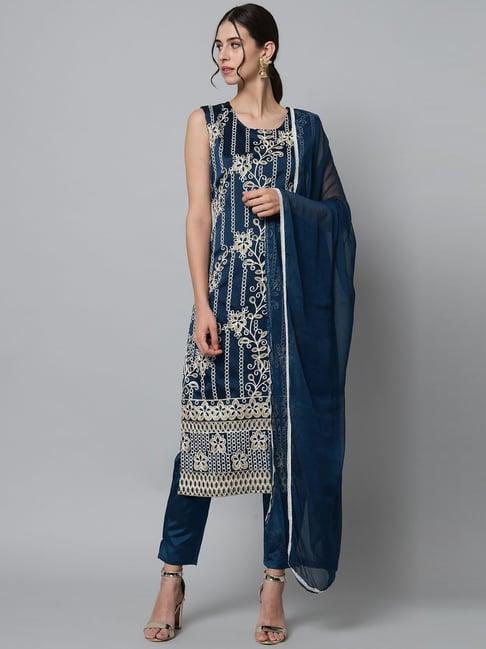 vredevogel teal blue embroidered kurta pant set with dupatta