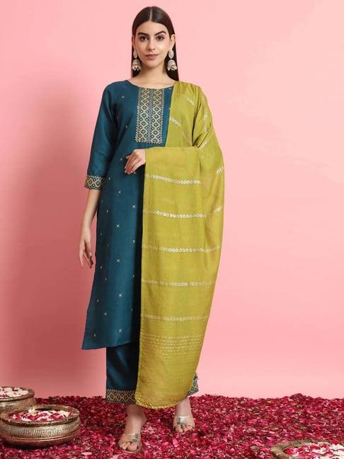 vredevogel teal blue embroidered kurta pant set with dupatta