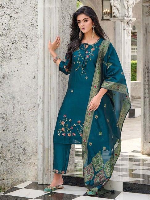 vredevogel teal blue embroidered kurta pant set with dupatta