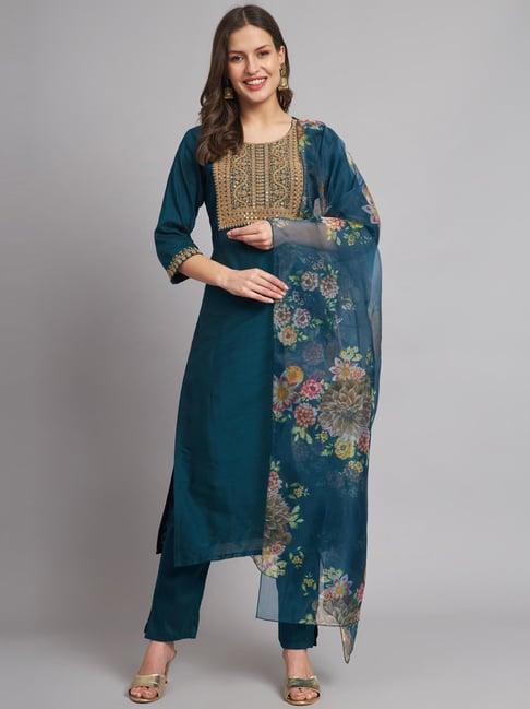 vredevogel teal green embroidered kurta pant set with dupatta