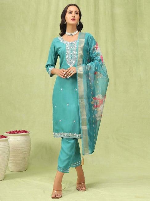 vredevogel turquoise embroidered kurta & pant set with dupatta