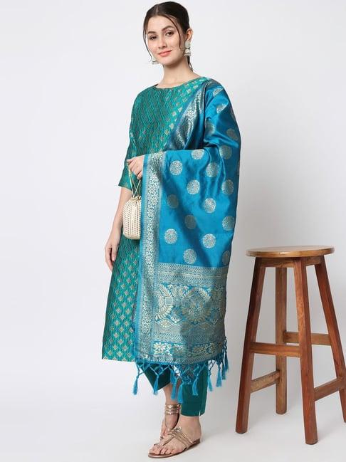 vredevogel turquoise woven pattern kurta pant set with dupatta