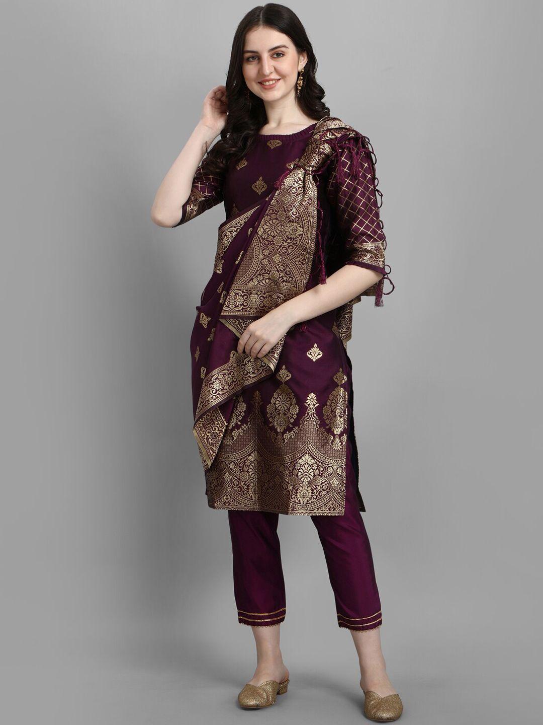 vredevogel women ethnic motifs printed straight kurta with trousers & with dupatta