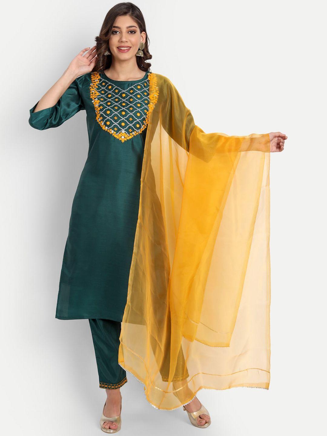 vredevogel women green kurta with trousers & with dupatta