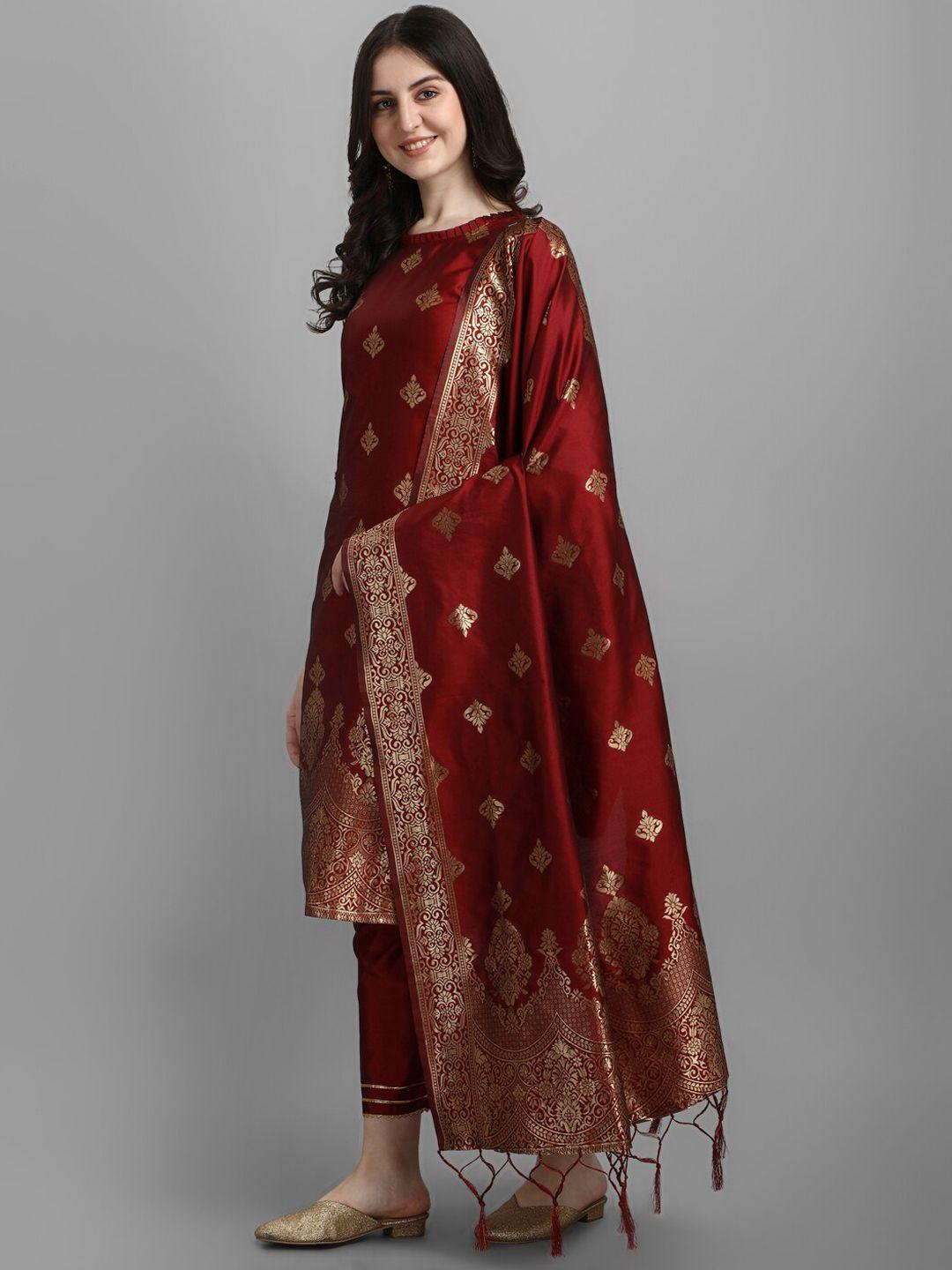 vredevogel women maroon ethnic motifs printed kurta with trousers & with dupatta