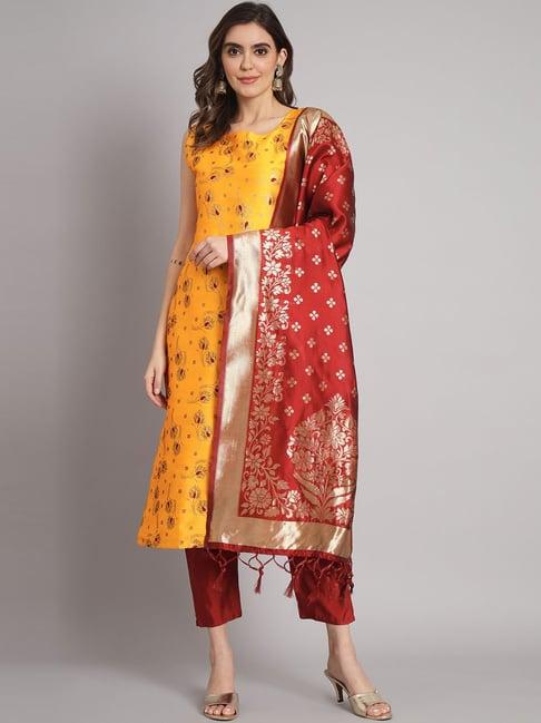 vredevogel yellow & red woven pattern kurta pant set with dupatta