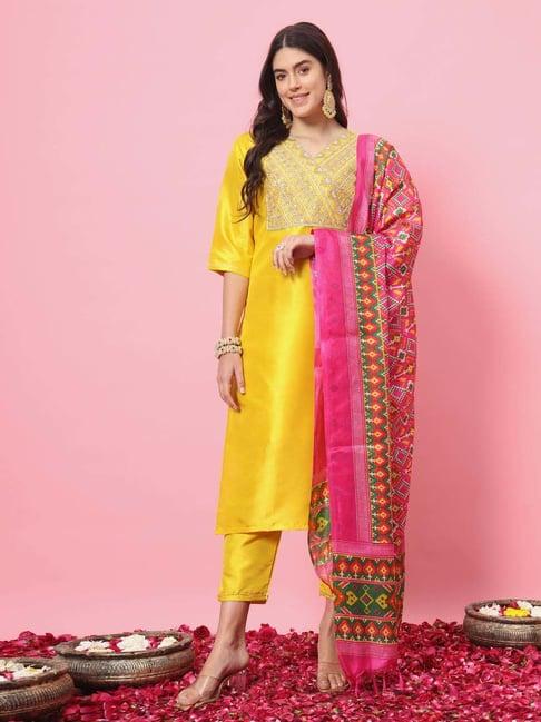 vredevogel yellow embroidered kurta & pant set with dupatta