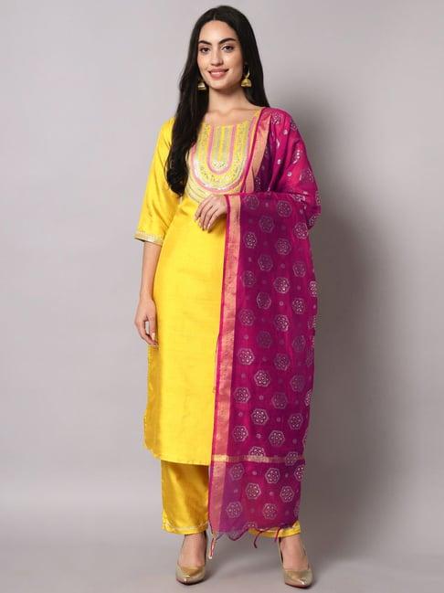 vredevogel yellow embroidered kurta pant set with dupatta