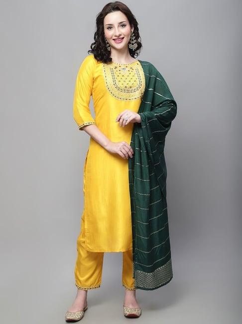 vredevogel yellow embroidered kurta pant set with dupatta