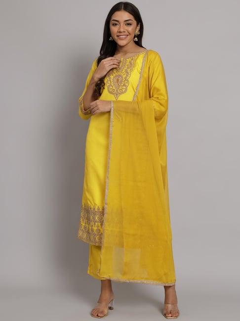 vredevogel yellow embroidered kurta pant set with dupatta