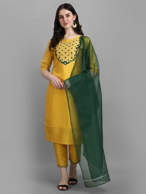 vredevogel yellow embroidered kurta pant set with dupatta