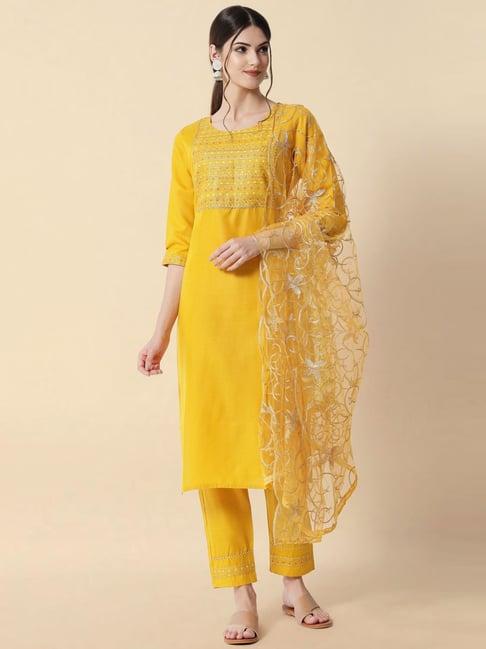 vredevogel yellow embroidered kurta pant set with dupatta