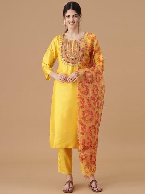 vredevogel yellow embroidered kurta pant set with dupatta