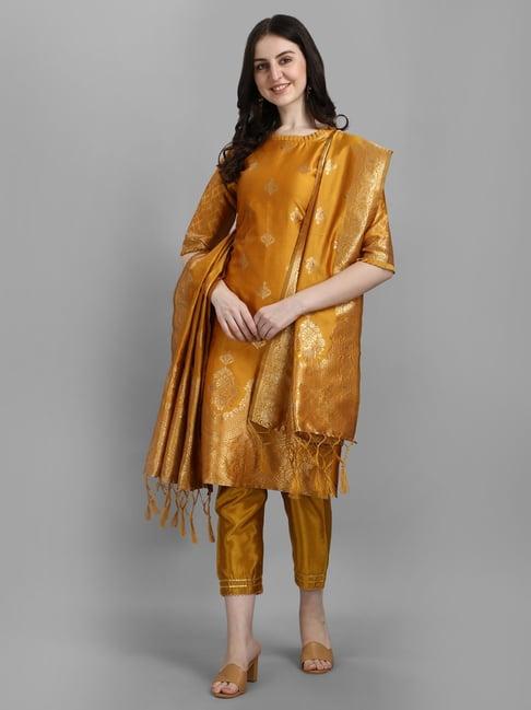 vredevogel yellow woven pattern kurta pant set with dupatta