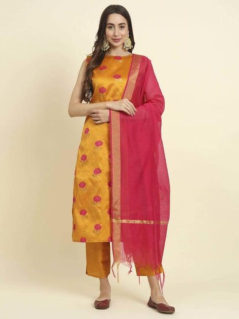 vredevogel yellow woven pattern kurta pant set with dupatta