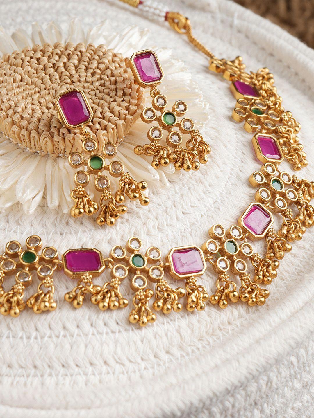 vriksham brass plated stones studded necklace & earrings set