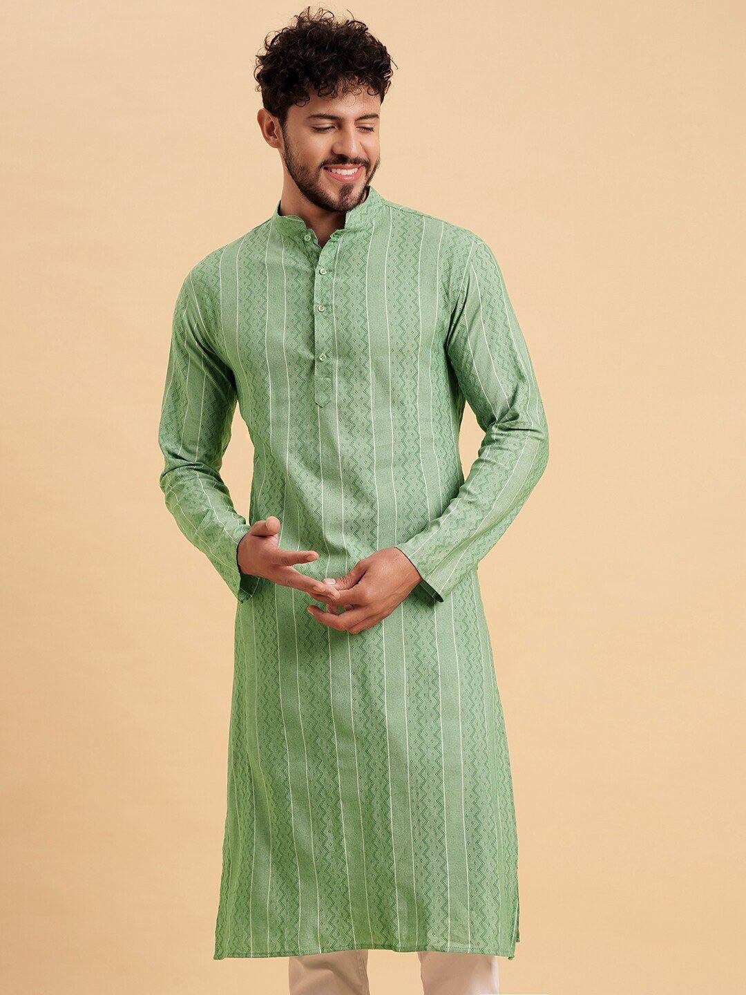 vrundavan ethics striped mandarin collar long sleeves jaquard kurta