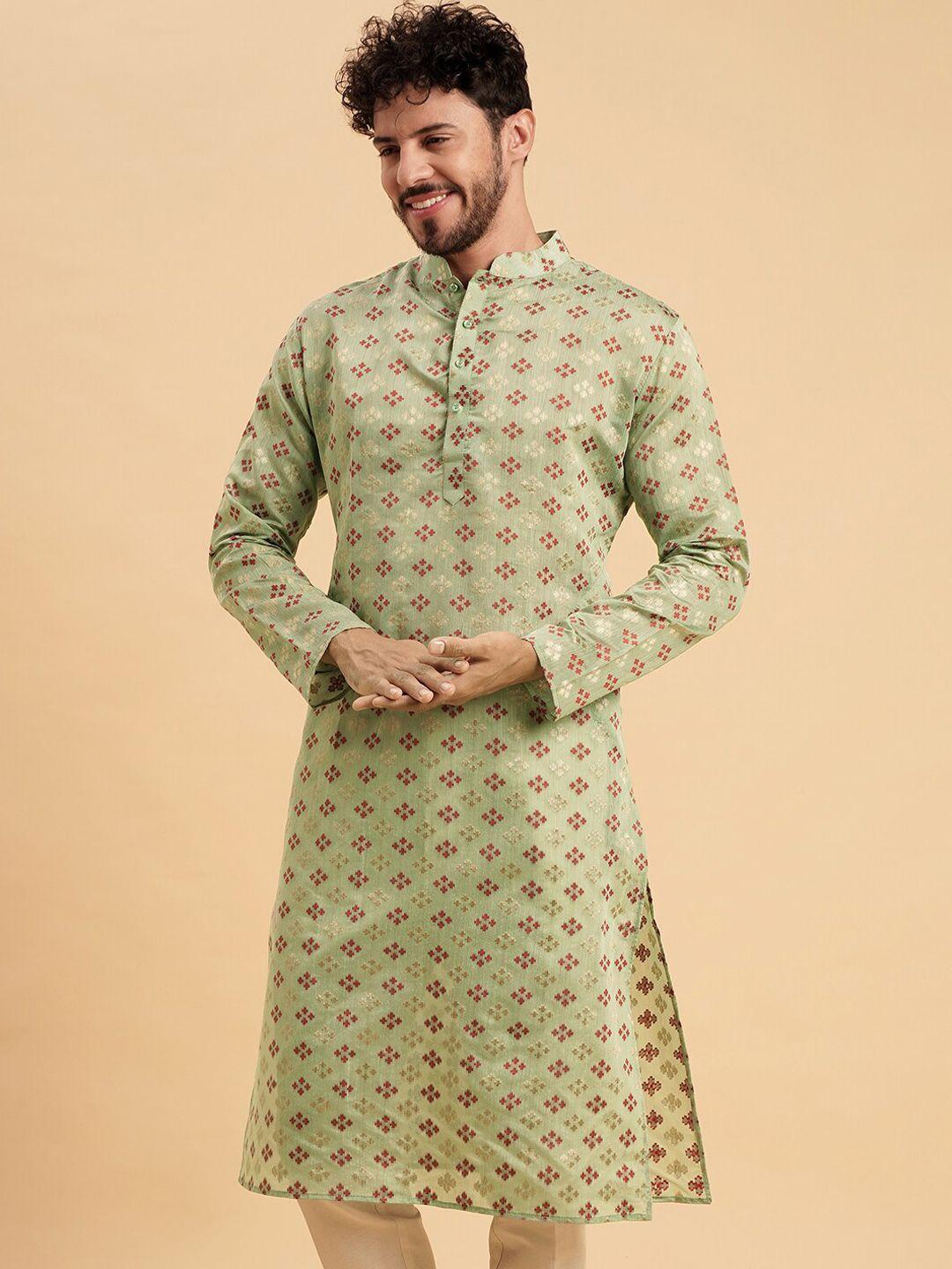 vrundavan ethics woven design mandarin collar jacquard cotton kurta