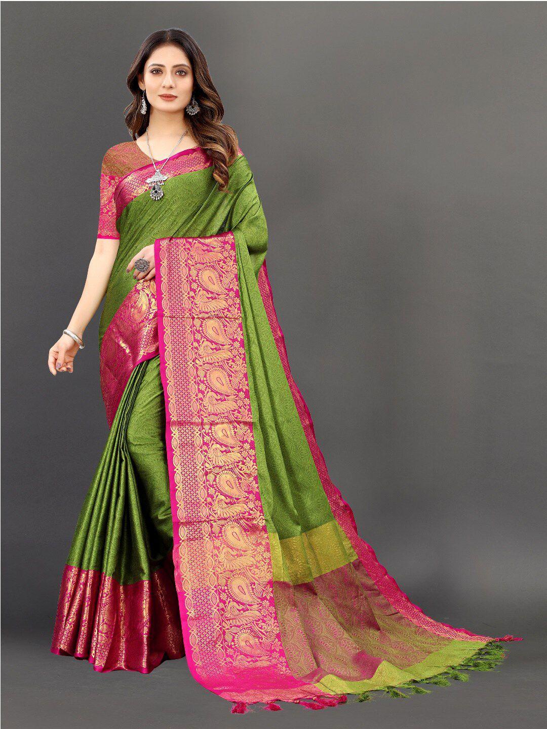 vsaree pink & green woven design zari silk blend banarasi saree