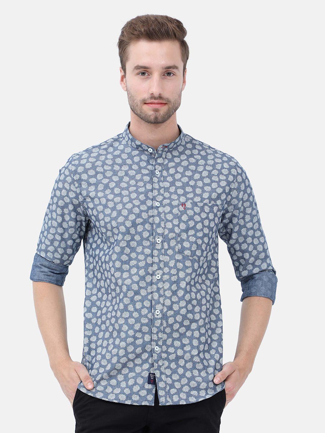 vudu-men-grey-&-white-comfort-floral-printed-mandarin-collar-cotton-casual-shirt