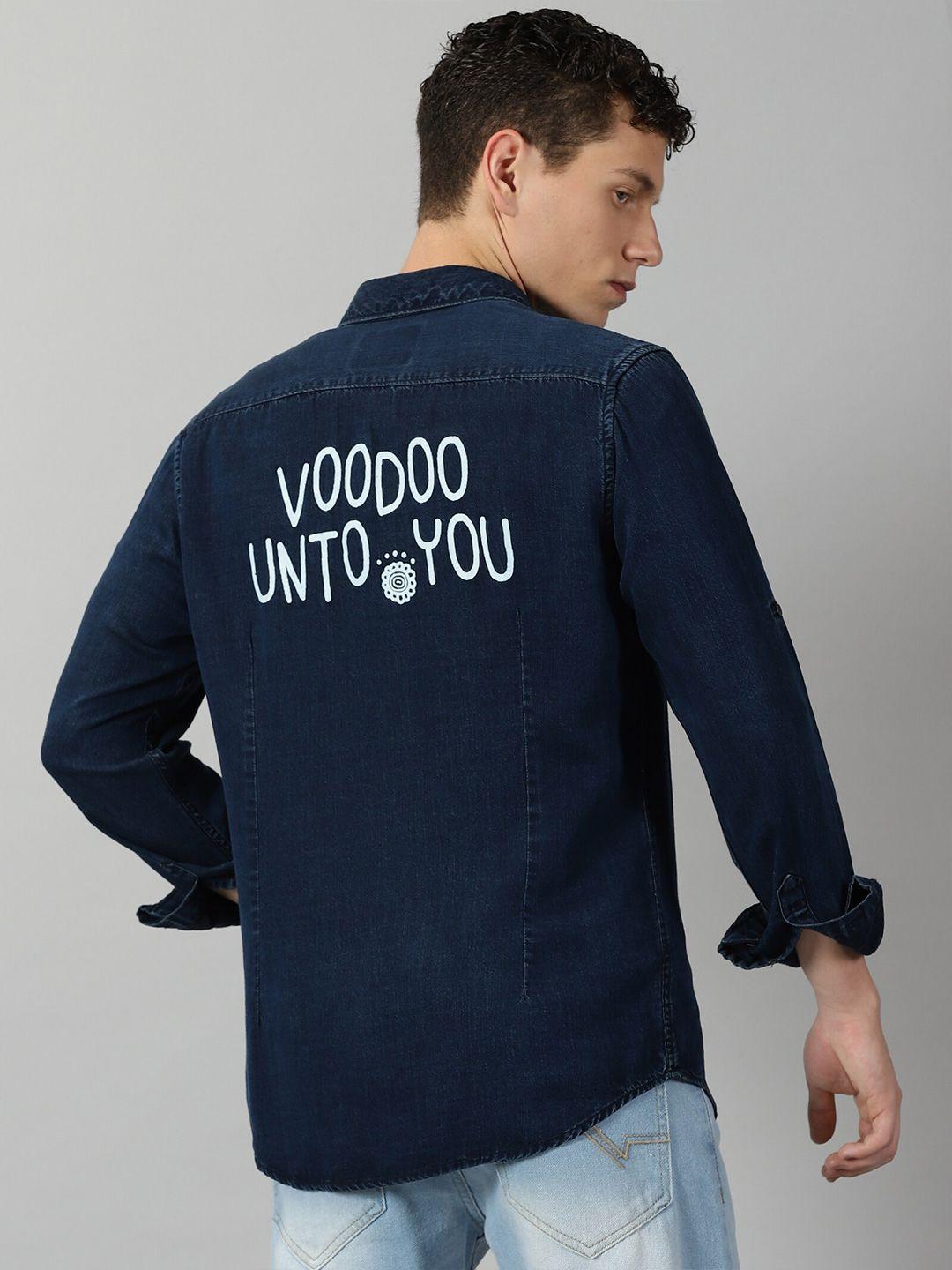 vudu comfort fit typography printed spread collar opaque casual cotton denim shirt