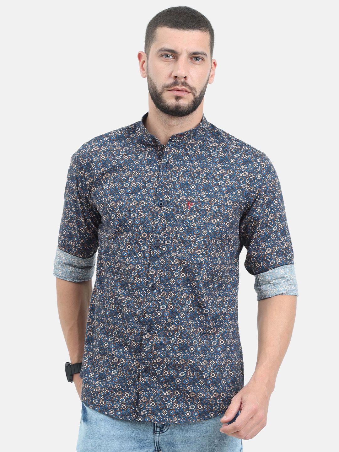 vudu men blue comfort printed cotton casual shirt