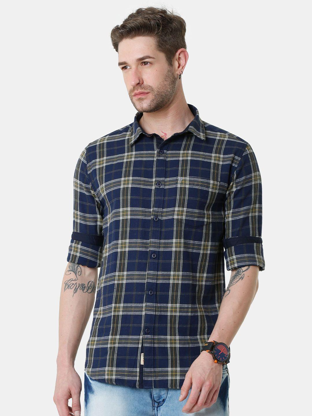 vudu men navy blue & green comfort tartan checked casual shirt