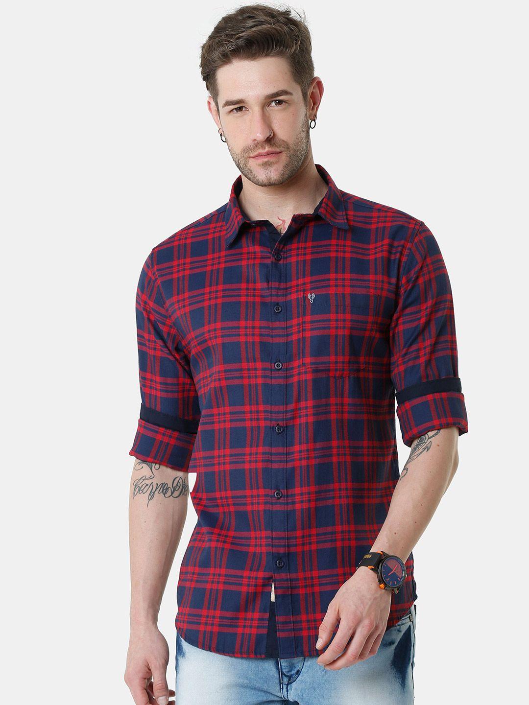 vudu men navy blue & red comfort tartan checked casual shirt