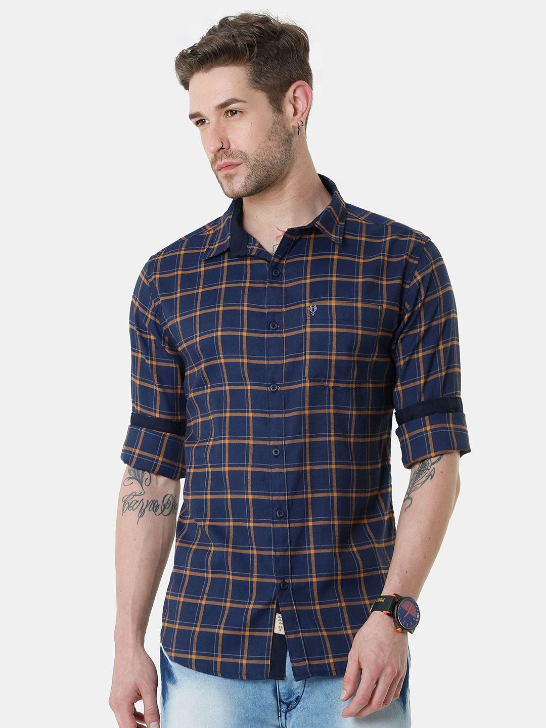 vudu men navy blue comfort checked casual shirt