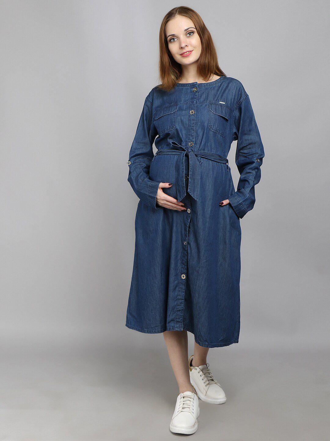 vyn denim belted maternity fit & flare midi dress