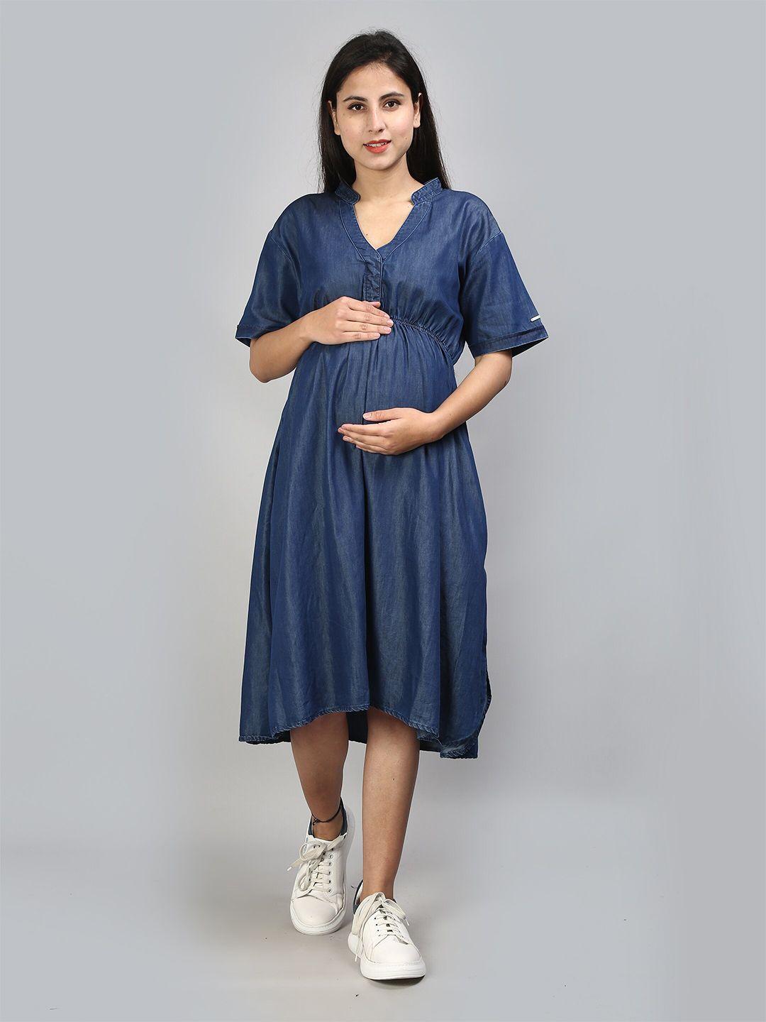 vyn maternity mandarin collar denim cotton a-line dress