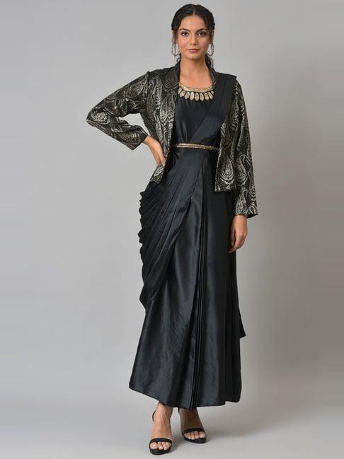 w black a line saree style kurta with jacket