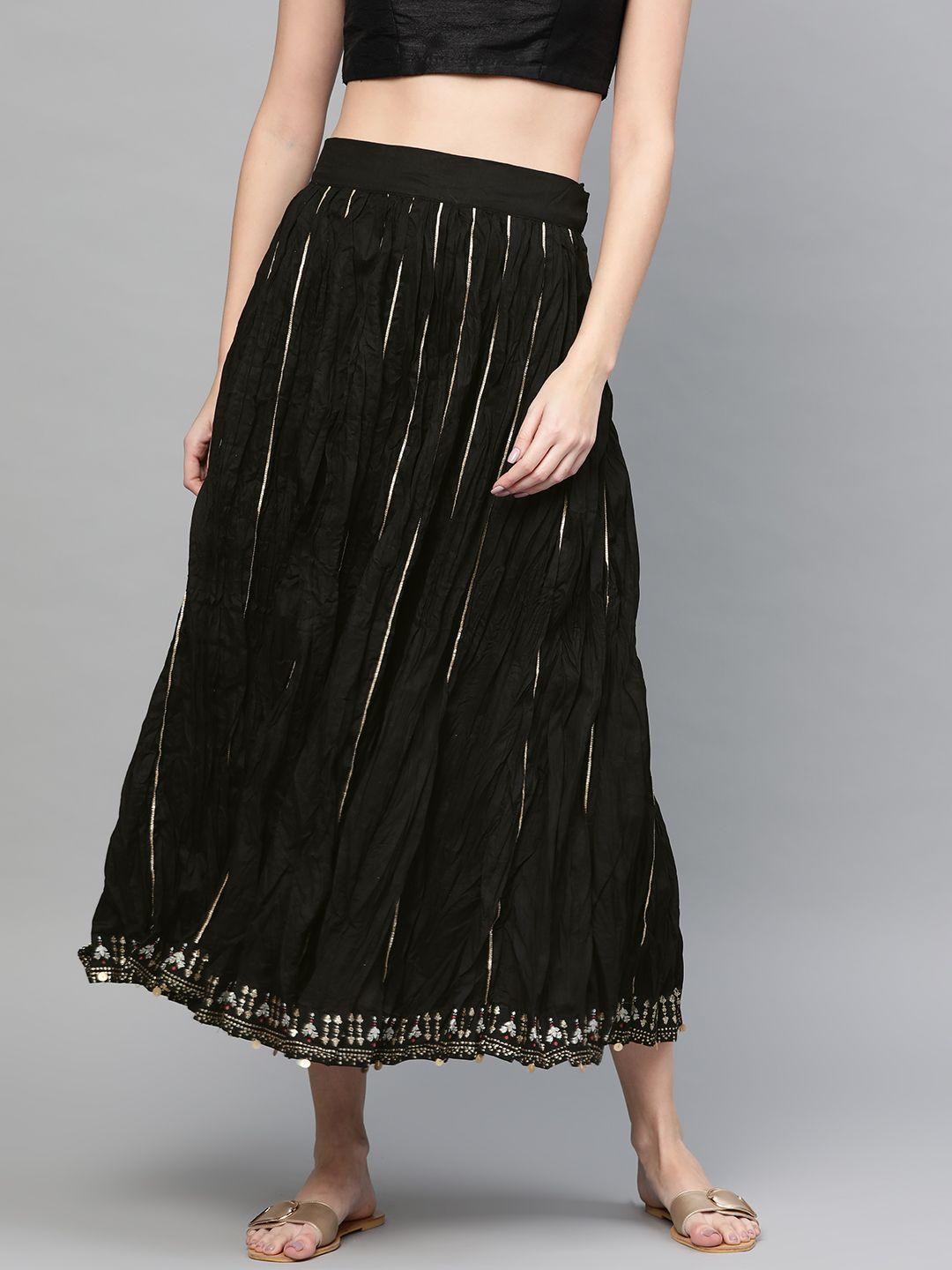 w black and golden pure cotton crinkled maxi flared skirt