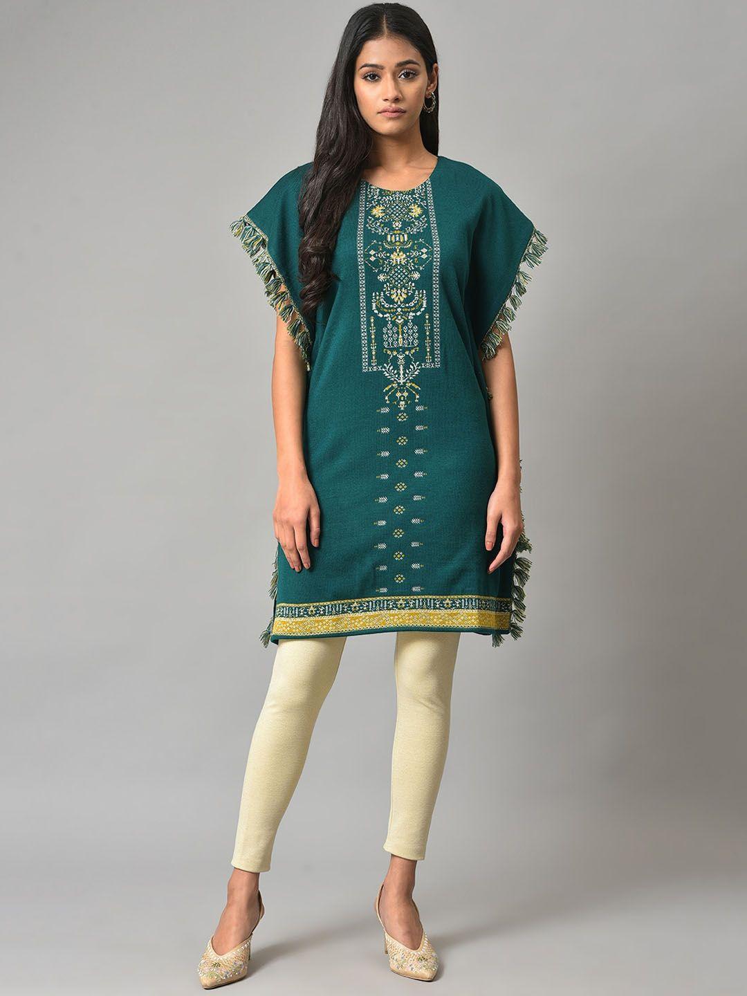 w ethnic motifs printed flared sleeves acrylic kaftan kurti