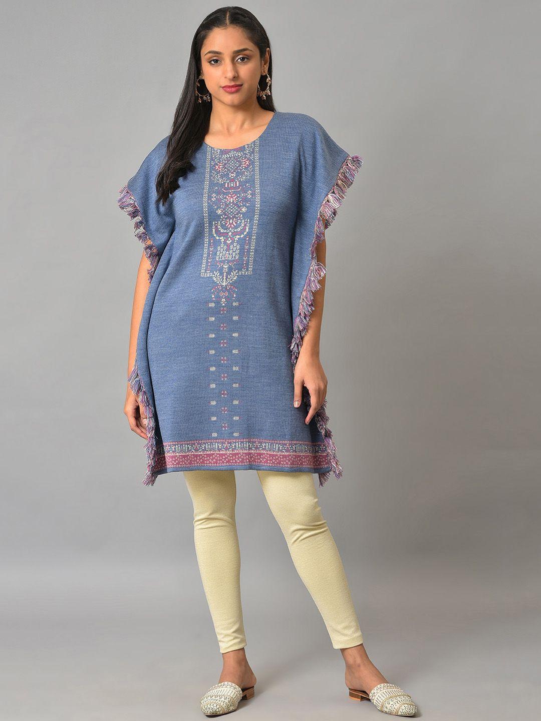 w ethnic motifs printed flared sleeves thread work kaftan kurta