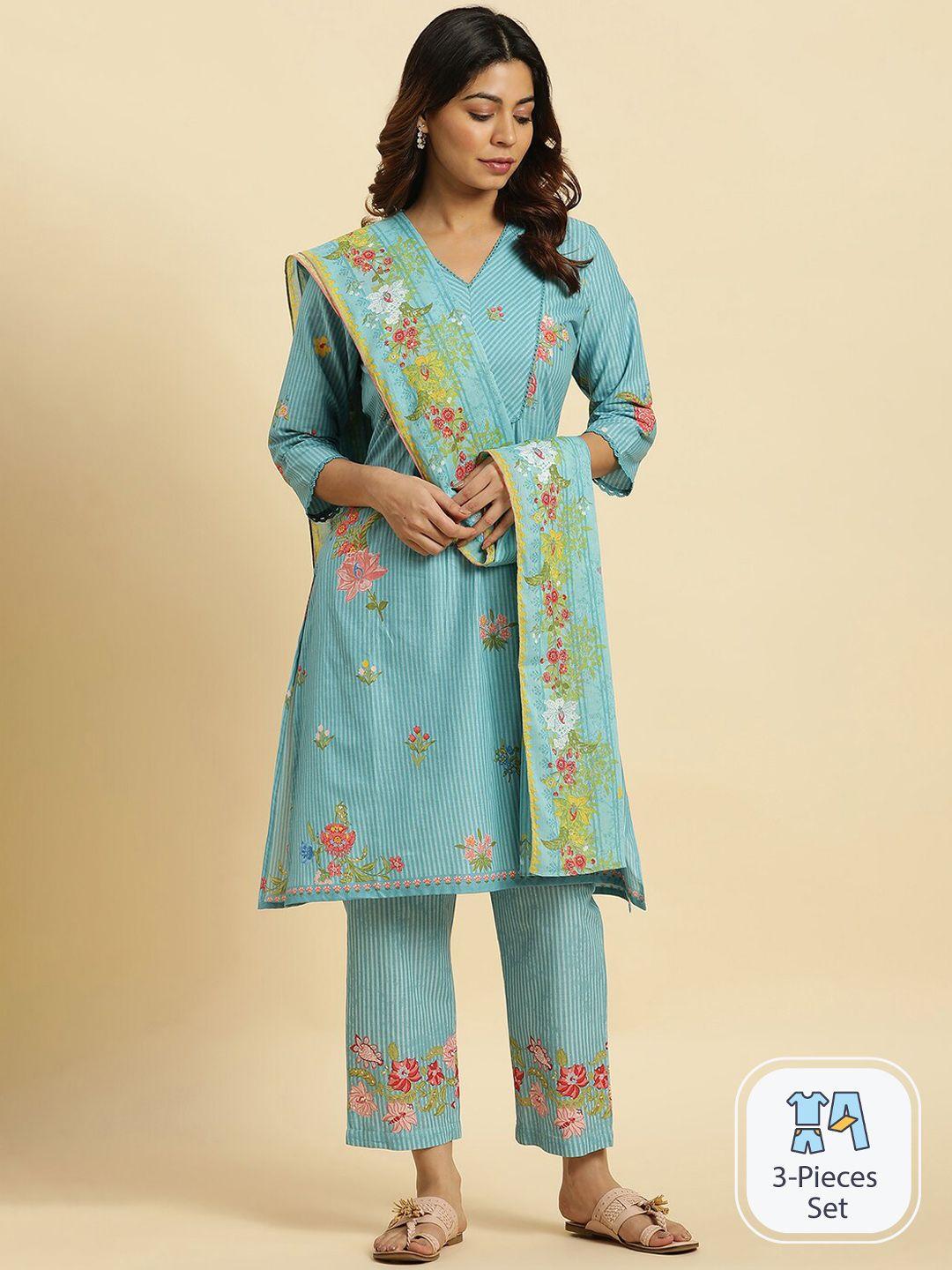 w floral printed v-neck pure cotton a-line kurta & trousers with dupatta