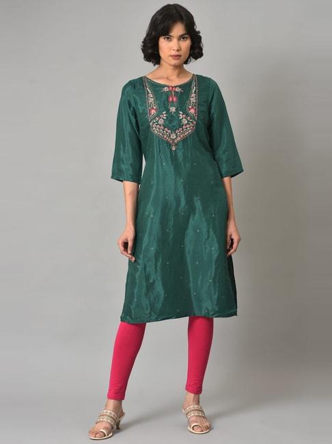 w green & pink embroidered kurta pant set