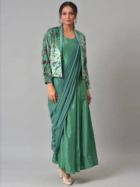 w green a line saree style kurta with jacket